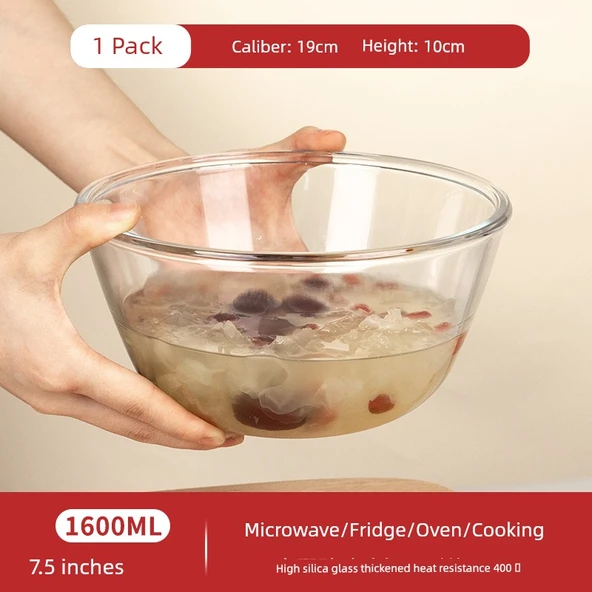 Şeffaf Cam Karıştırma Kabı - 1600ml (7.5 inç) - Salata ve Makarna
