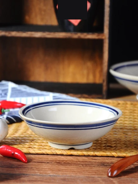 Retro Mavi Kenarlı 8 inç Çift Çizgili Düz Tabak - 6
