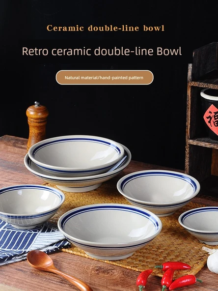 Retro Mavi Kenarlı 8 inç Çift Çizgili Düz Tabak - 2