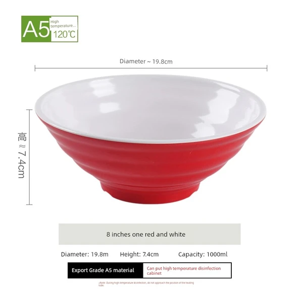 Melamin Noodle Kasesi - 8 inç Kırmızı Beyaz (A5 Yüksek Sıcaklık Dayanımı)