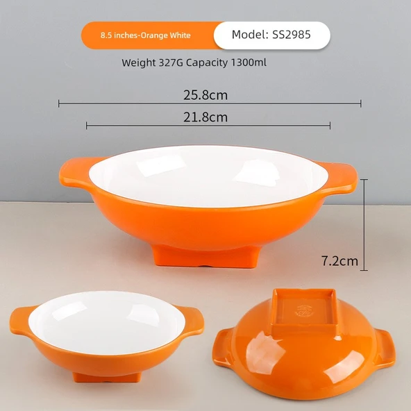 Melamin Çift Kulplu Kase - 8.5 inç Turuncu Beyaz - 1 Kişilik