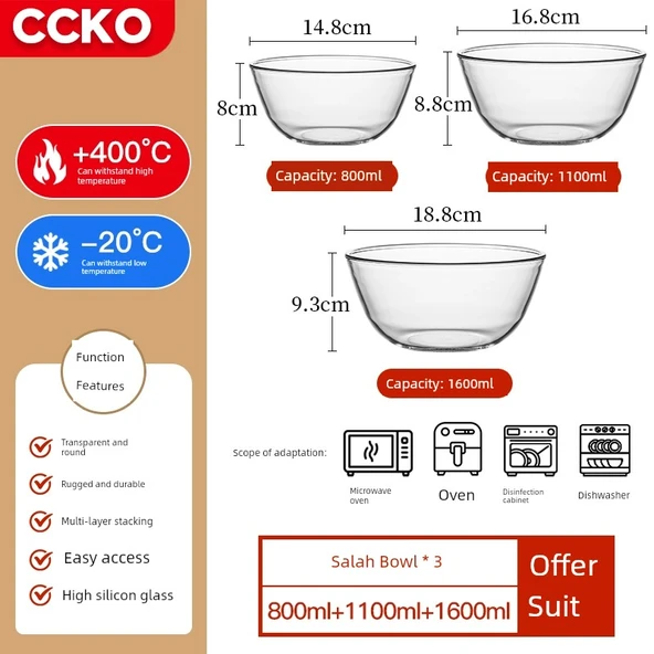3'lü Isıya Dayanıklı Cam Kase Seti (800ml, 1100ml, 1600ml)