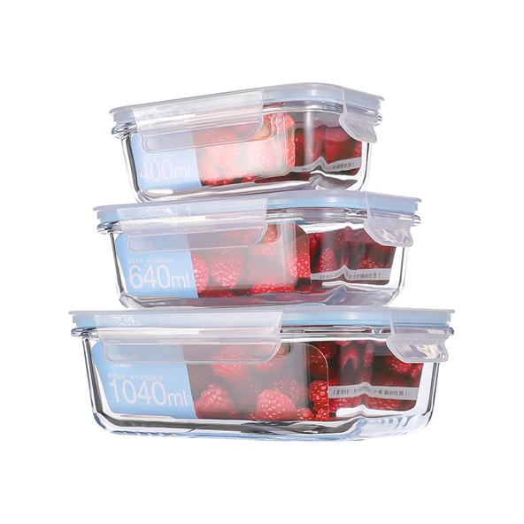 Dikdörtgen Cam Saklama Kabı Seti - 400ml, 640ml, 1040ml - Mavi