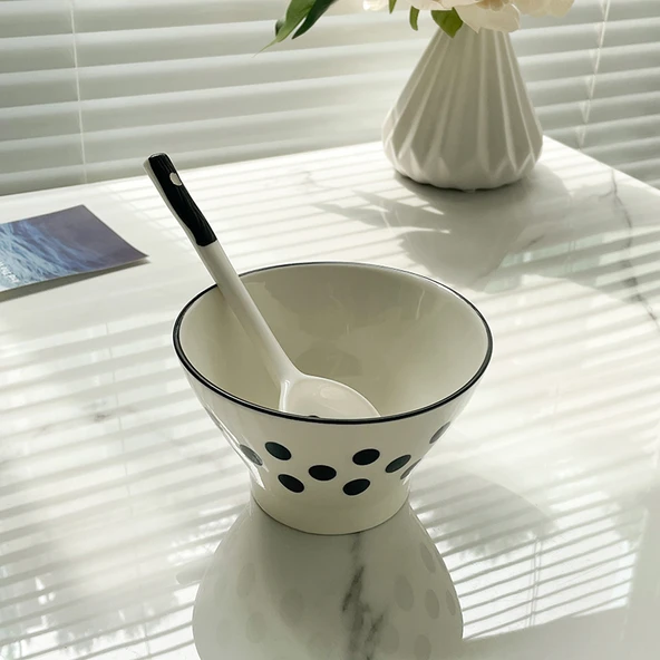 Seramik Sofra Takımı - Puantiyeli 12.7 cm Kova Kase ve Kaşık