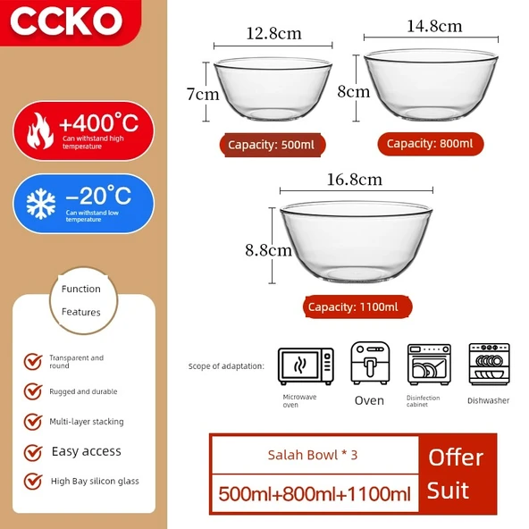 3'lü Isıya Dayanıklı Cam Kase Seti (500ml, 800ml, 1100ml)