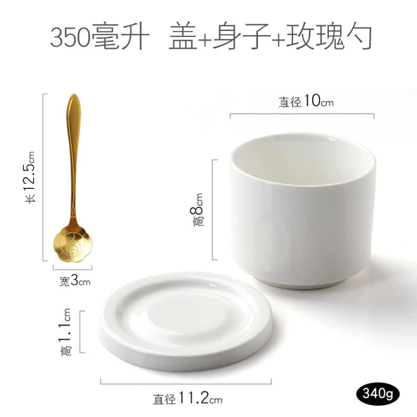 Japon Seramik Güveç Tatlı Kasesi Kapaklı ve Kaşıklı - Ginseng Fincan (350 ml) Kapak + Gövde + Gül Kaşık