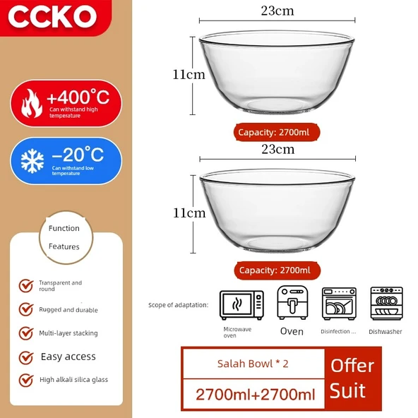 2'li Isıya Dayanıklı Cam Kase Seti (2700ml)