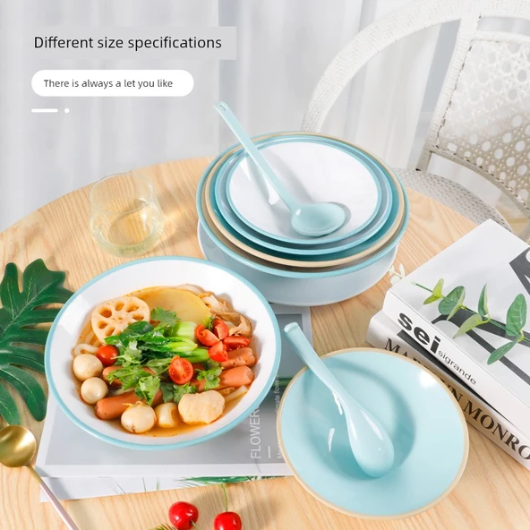 Mavi Beyaz Melamin Ramen Kasesi - 8 inç + Kaşık 7008 - 4