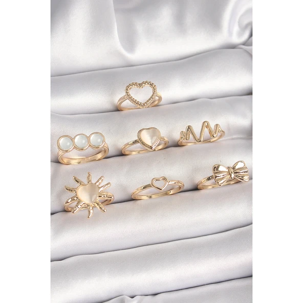 Pirinç Gold Renk Beyaz Mineli Kalp Model Kurdele Detay Kadın Küpe Kombini - TJ-BYK3673