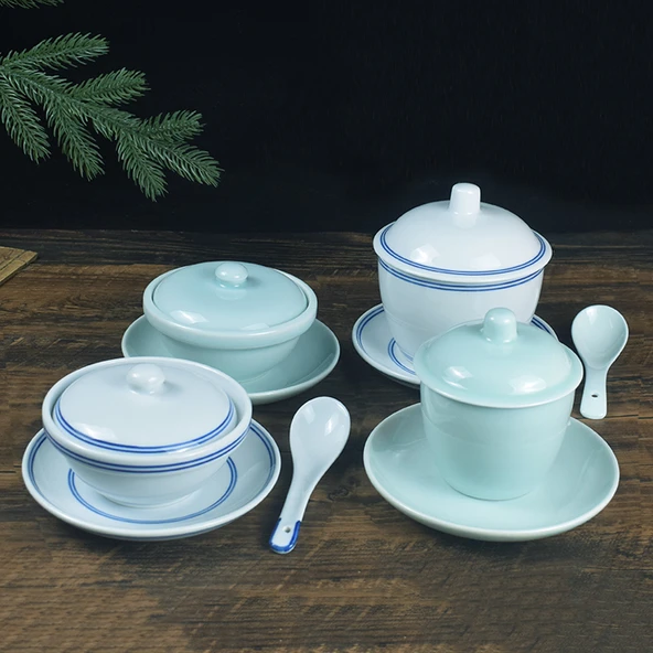 Jingdezhen Mavi Kenarlı Antika Kase - İki Çizgili 4 inç Mavi Kenarlı Tavuk Bardağı - 3