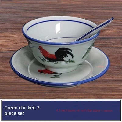 Antik Ayçiçeği Seramik Kase Yemek Tabağı - Yeşil Tavuklu 3 Adet 4.5 inç Kase + 6 inç Düz Tabak + Kaşık