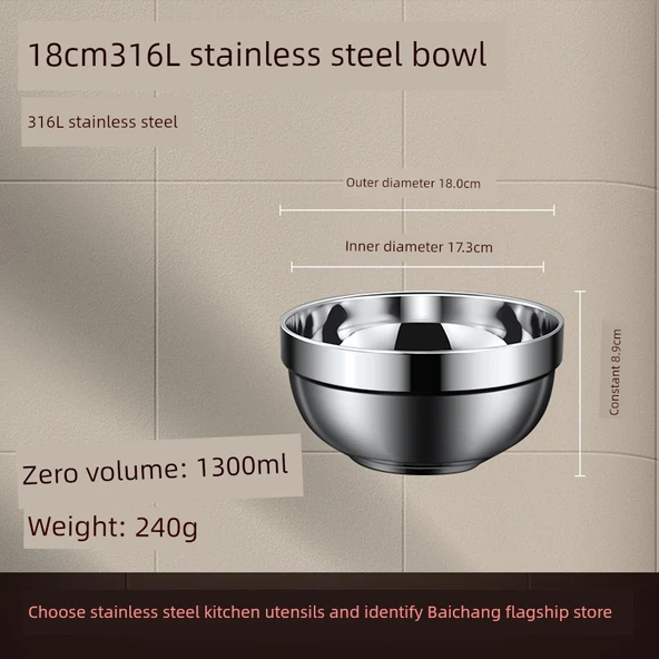316 Paslanmaz Çelik Yalıtımlı Kase - 316 Çift Eldivenli Platin Kase 18cm