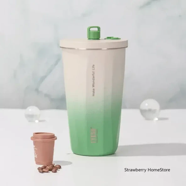 Pipetli Termos Bardak - Yeşil - 600ML - Paslanmaz Çelik