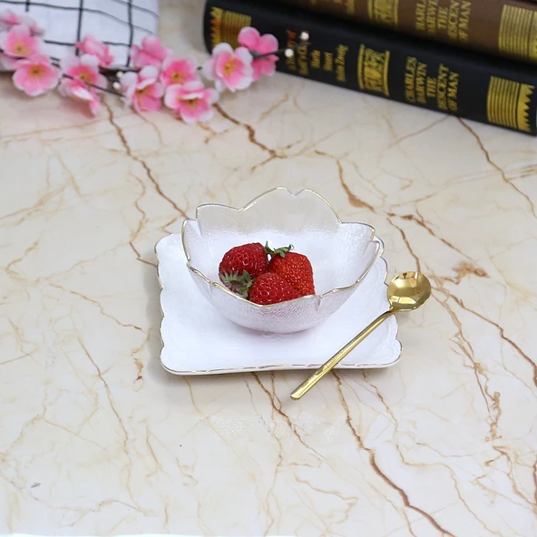 Sakura Cam Tatlı Kasesi - Altın Kiraz Çiçeği Desenli Kase, Kare Tabak ve Yuvarlak Kaşık Seti