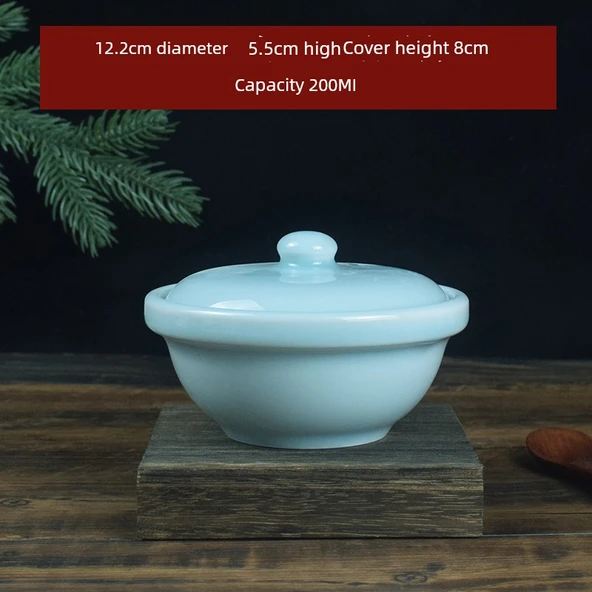 Jingdezhen Mavi Kenarlı Antika Kase - Gölge Mavi Kenarlı Kapaklı Güveç Tenceresi 220ml
