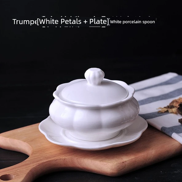 Altın Kenarlı Seramik Buharlama Kasesi - Beyaz Petal Desenli - Tabak ve Kaşıklı - 280ML