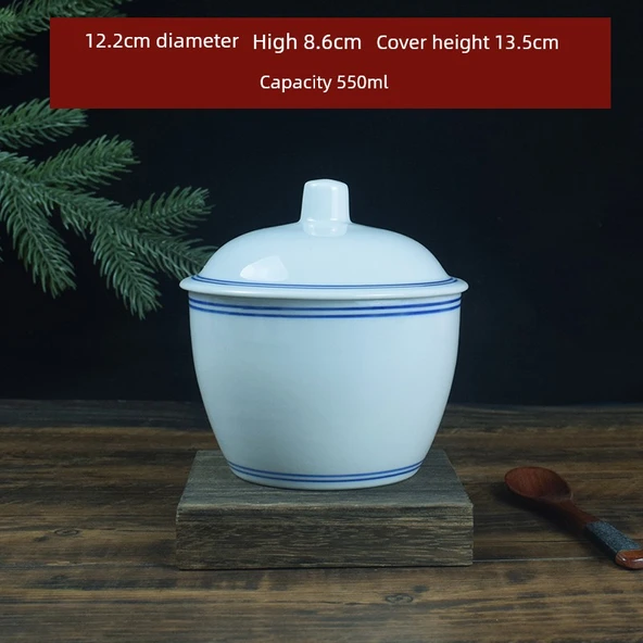 Jingdezhen Mavi Kenarlı Antika Kase - Çift Çizgili 5" Mavi Kenarlı Tavuk Tenceresi