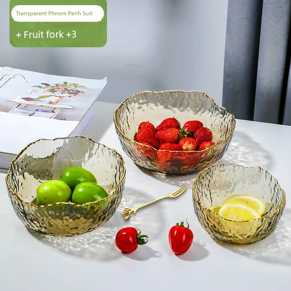 Cam Meyve Salata Çorba Kasesi Seti - Yaldızlı Kenarlı Büyük Orta Küçük + 3 Meyve Çatalı