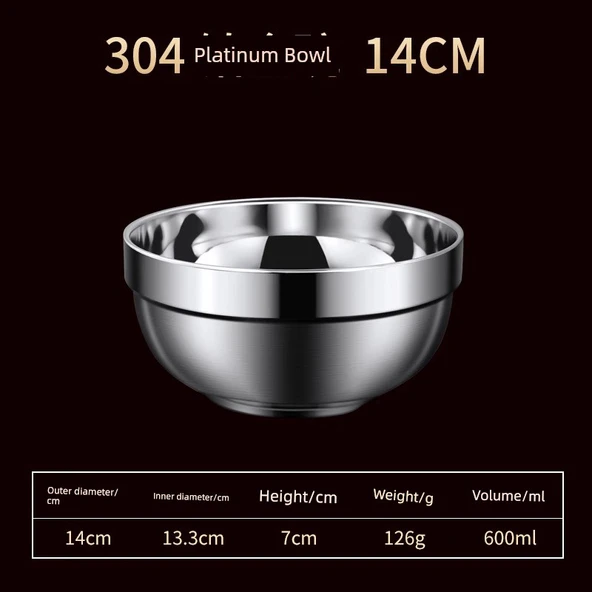 316 Paslanmaz Çelik Yalıtımlı Kase - 304 Çift Eldivenli Platin Kase 14cm
