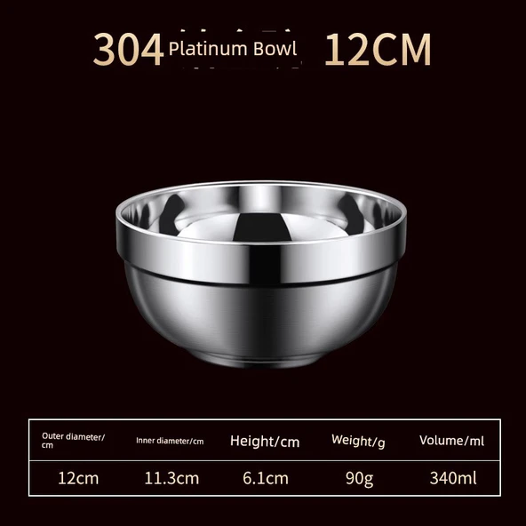 316 Paslanmaz Çelik Yalıtımlı Kase - 304 Çift Eldivenli Platin Kase 12cm