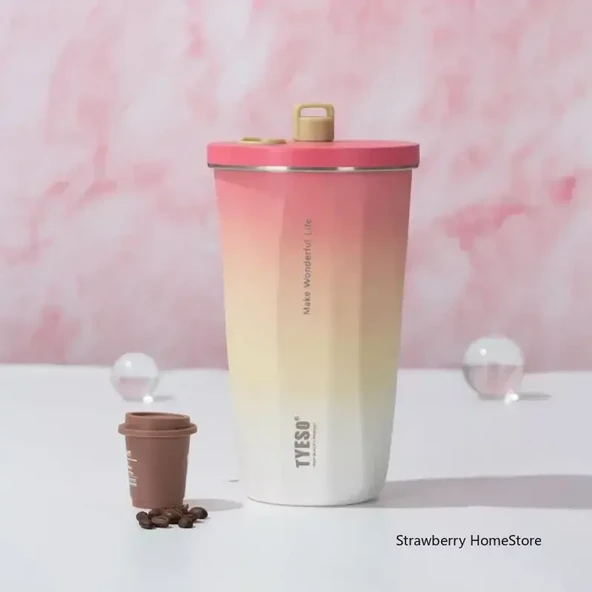 Pipetli Termos Bardak - Pembe - 600ML - Paslanmaz Çelik