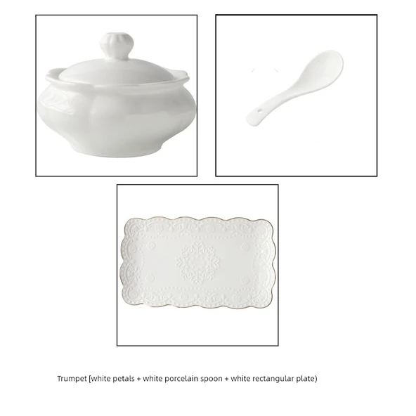 Altın Kenarlı Seramik Buharlama Kasesi - Beyaz Petal Desenli - Dikdörtgen Tabak ve Kaşıklı - 280ML
