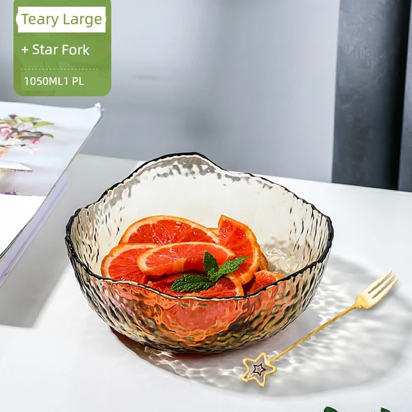 Cam Meyve Salata Çorba Kasesi Seti - Büyük Teal Meyve Kasesi Altın Yıldız Çatal
