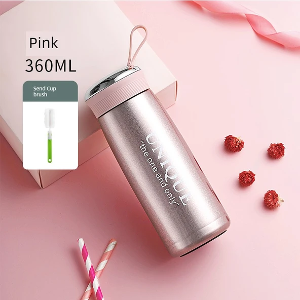 Paslanmaz Çelik Süzgeçli Termos - Pembe - 360ml