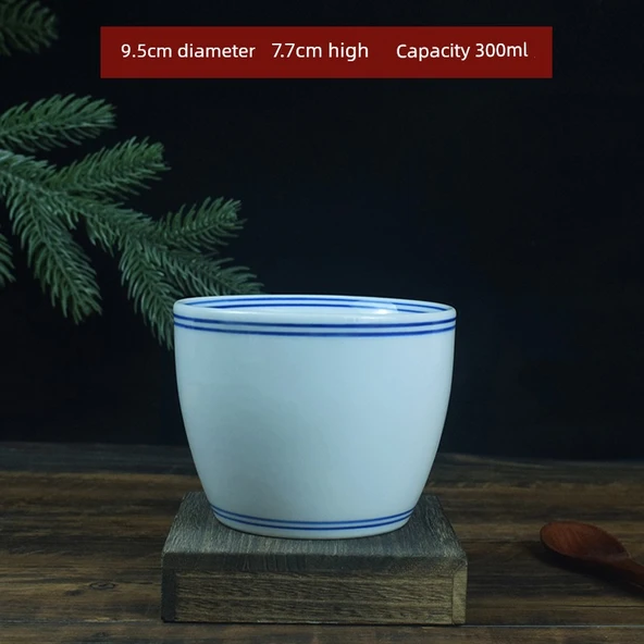 Jingdezhen Mavi Kenarlı Antika Kase - İki Çizgili 4 inç Mavi Kenarlı Tavuk Bardağı