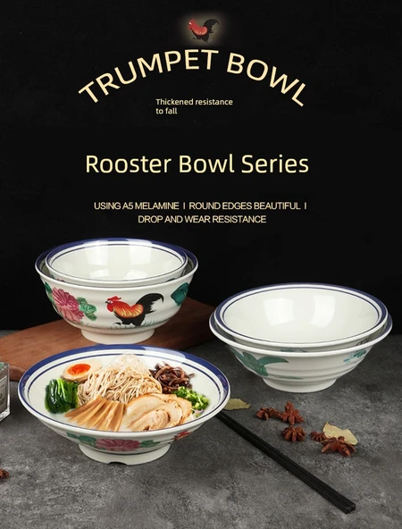 Melamin Retro Horozlu Noodle Kasesi - 7 inç - Düz Vidalı Kase - 6
