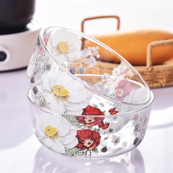 Kore Tarzı Pyrex Cam Kase Seti - Uygun Fiyatlı Gesang Çiçekli Kase [2 adet, Kapaksız]