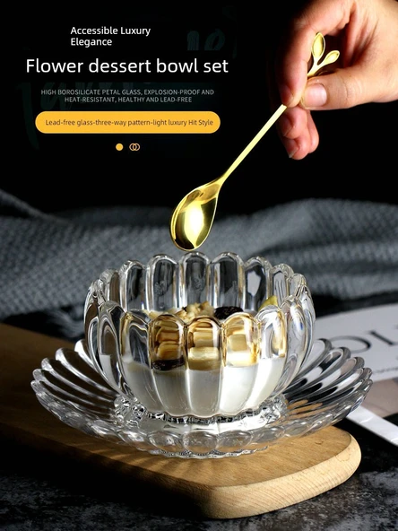 Kristal Cam Dantel Cubilose Kase - 250ml Lotus Kase ve Lotus Tabak - Resim 5