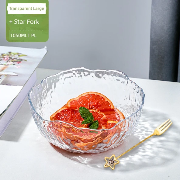 Cam Meyve Salata Çorba Kasesi Seti - Şeffaf Büyük Meyve Kasesi Altın Yıldız Çatal