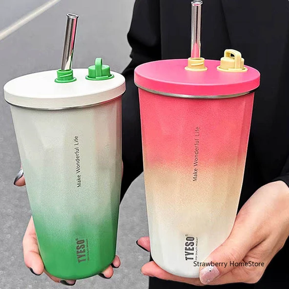 Pipetli Termos Bardak - Kahve - 600ML - Paslanmaz Çelik - 3
