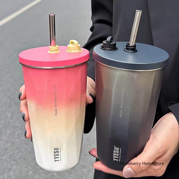 Pipetli Termos Bardak - Kahve - 600ML - Paslanmaz Çelik - 2