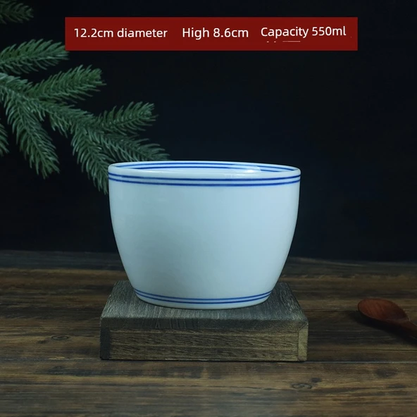 Jingdezhen Mavi Kenarlı Antika Kase - Çift Çizgili 5" Kapaklı Tavuk Bardağı