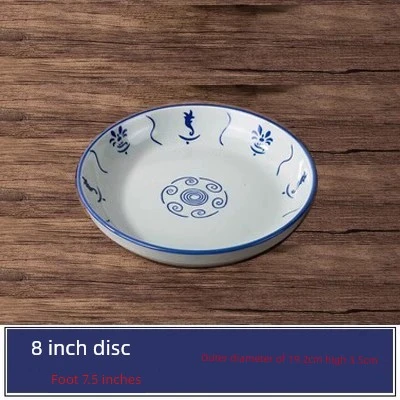 Antik Ayçiçeği Seramik Kase Yemek Tabağı - Mavi Çiçekli 8 inç Disk Tek