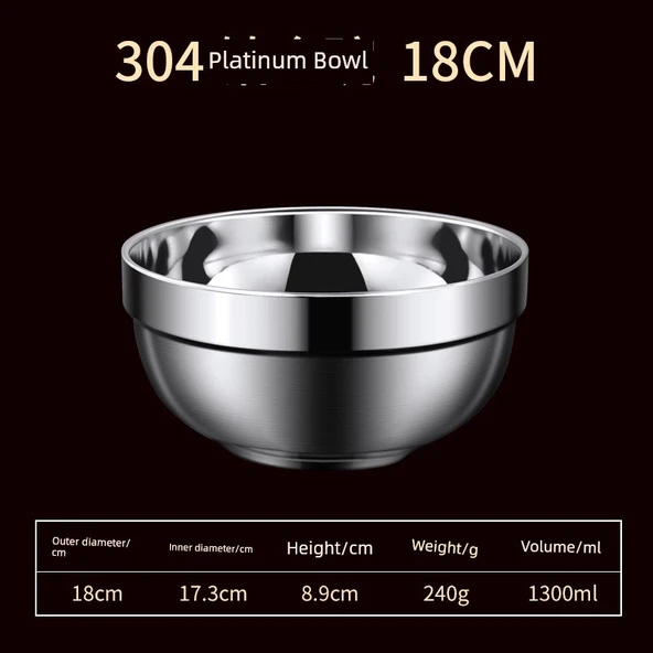 316 Paslanmaz Çelik Yalıtımlı Kase - 304 Çift Eldivenli Platin Kase 18cm