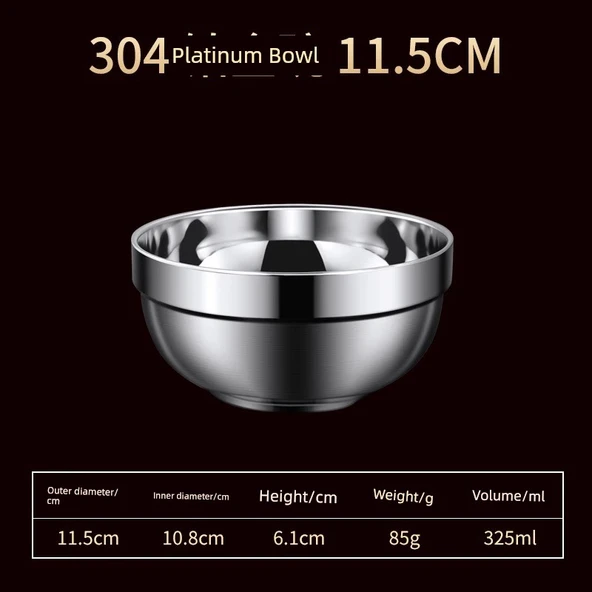 316 Paslanmaz Çelik Yalıtımlı Kase - 304 Çift Eldivenli Platin Kase 11.5cm