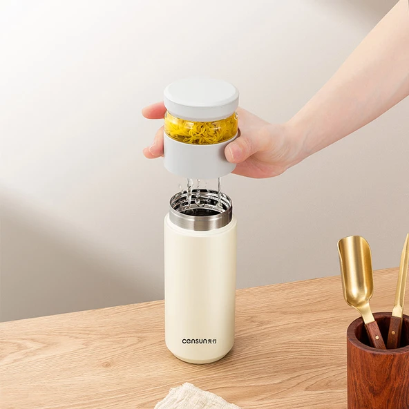 520ml Çay ve Su Ayırma Termos Bardağı - Fildişi Rengi - Paslanmaz Çelik - 4
