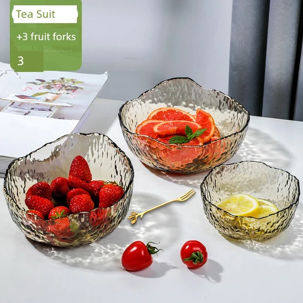 Cam Meyve Salata Çorba Kasesi Seti - Çay Bardağı Büyük Orta + 3 Meyve Çatalı
