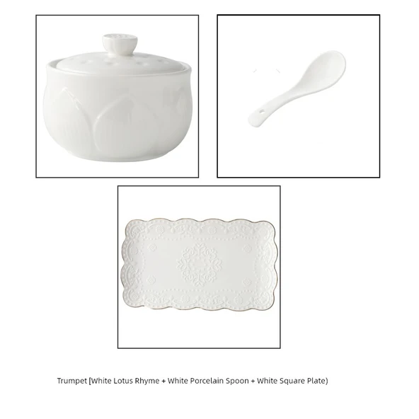 Altın Kenarlı Seramik Buharlama Kasesi - Beyaz Lotus Desenli - Dikdörtgen Tabak ve Kaşıklı - 330ML