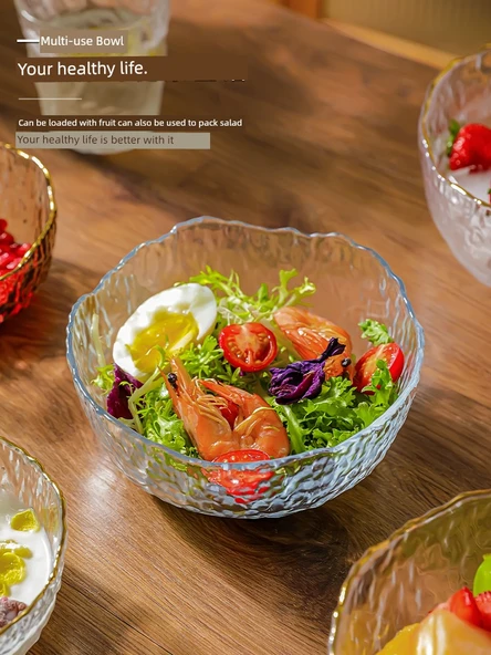 Cam Meyve Salata Çorba Kasesi Seti - Çay Bardağı Büyük Orta + 3 Meyve Çatalı - 4