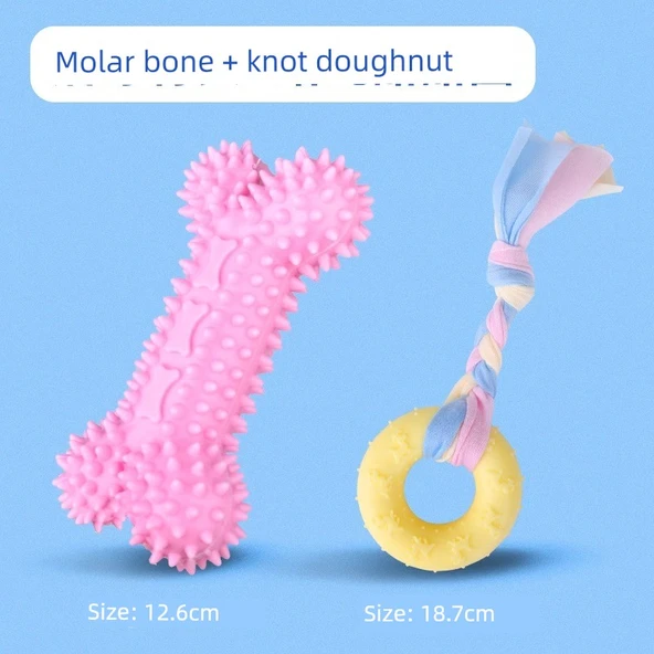 Köpek Çiğneme Oyuncağı - Azı Dişi Kemiği + Burgulu Donut (Renk Rastgele)