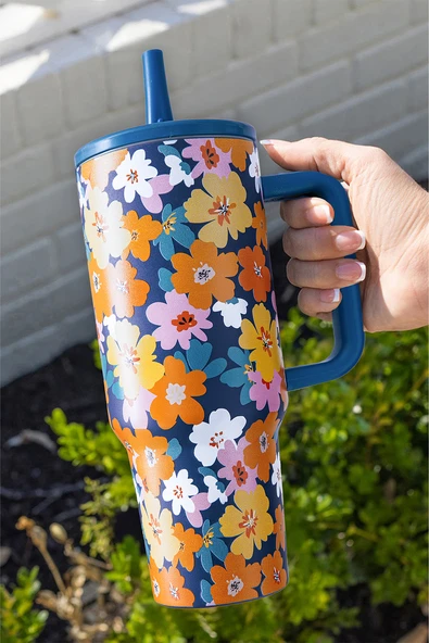Çiçek Desenli Paslanmaz Çelik Termos - 40oz (Gök Mavisi)