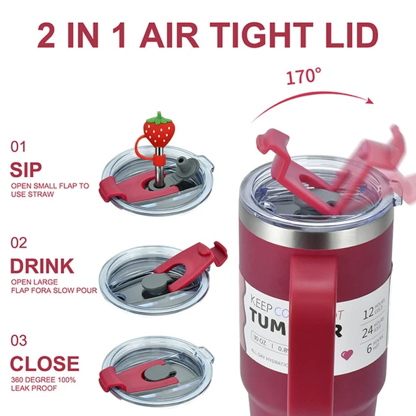 1200ml Paslanmaz Çelik Termos Bardak - Gül Kırmızısı - 10