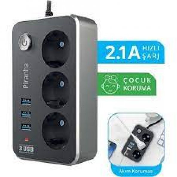 Piranha 3396 3lü USB Termal Akım Korumalı Priz