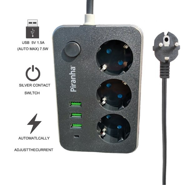 Piranha 3396 3lü USB Termal Akım Korumalı Priz - 2