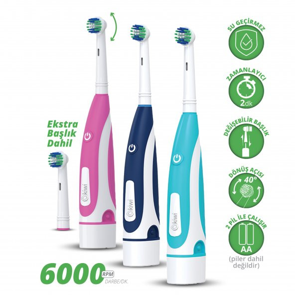 Kiwi KTB6005 Dönen Başlıklı Pilli Diş Fırçası + Yedek Başlık