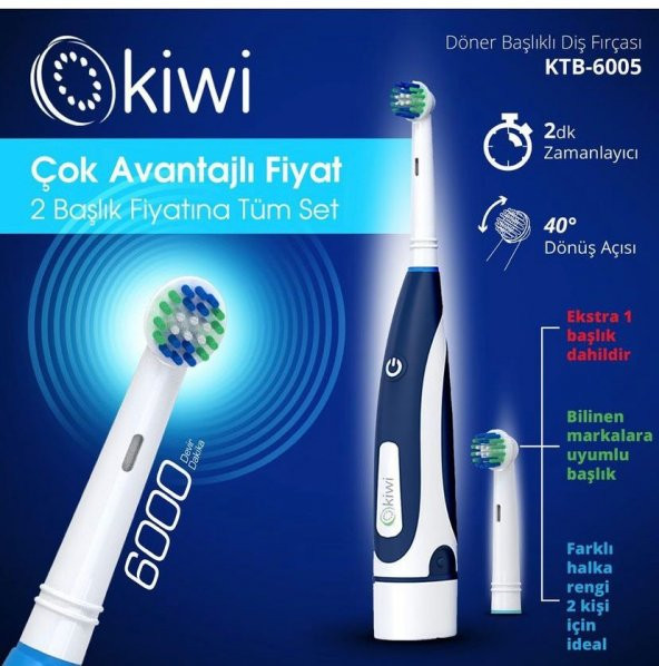 Kiwi KTB6005 Dönen Başlıklı Pilli Diş Fırçası + Yedek Başlık - 2